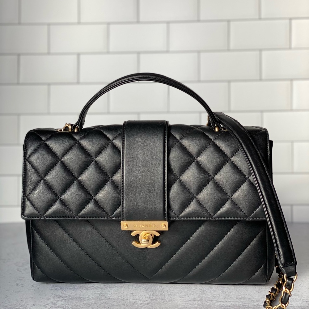 Rare Chanel Black Quilted Lambskin Top Handle Handbag